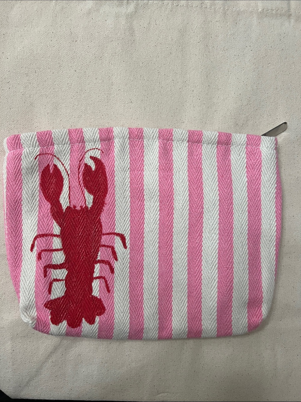 Striped Pink & White Pouch with Red Lobster Motif🦞